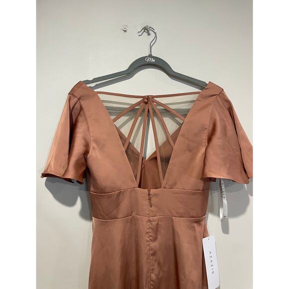 NWT Azazie Lani Stretch Satin Flounce Sleeve A-Line Dress Bronzer Womens Size A2 - Picture 6 of 8